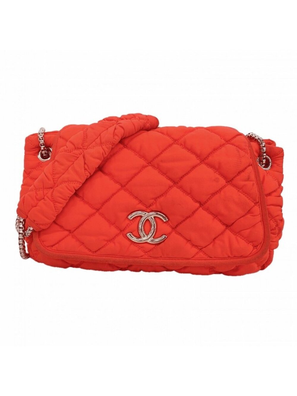 Chanel Shoulder Bag Bubble Quilt Nylon Red Silver